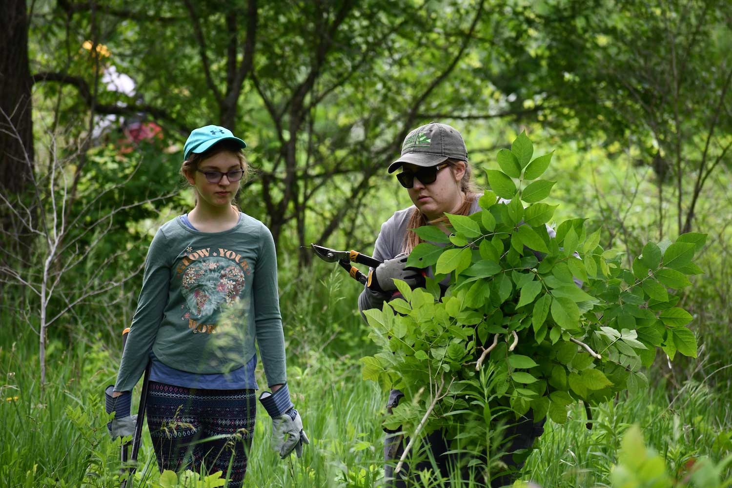 Two people carrying branches and brush.