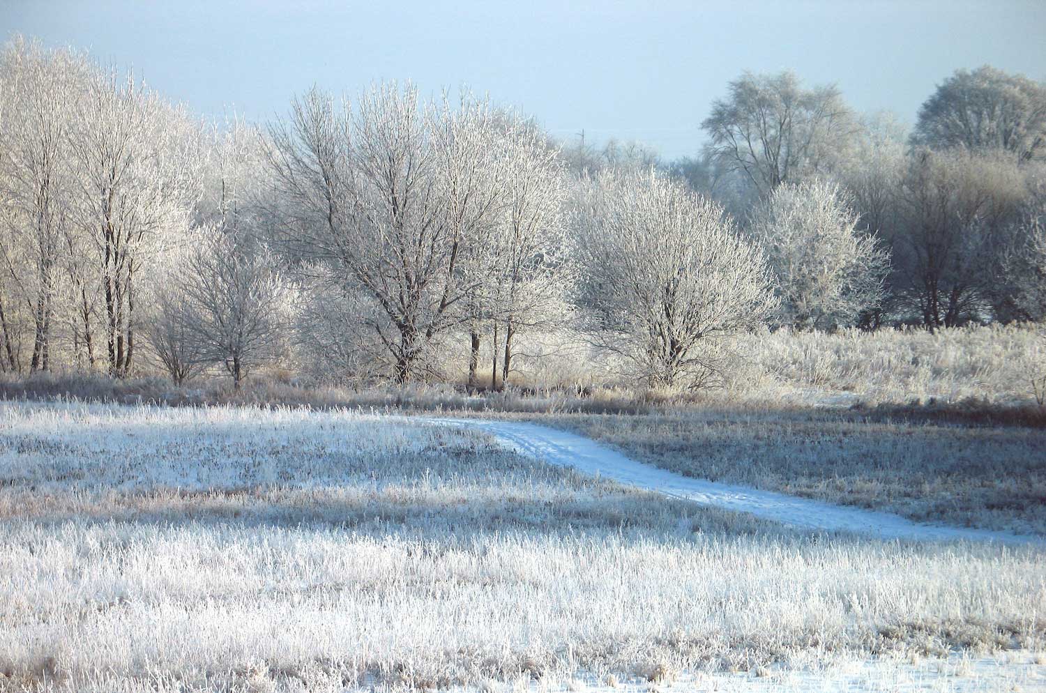 A light dusting of snow in a prairie with a trail running through it.
