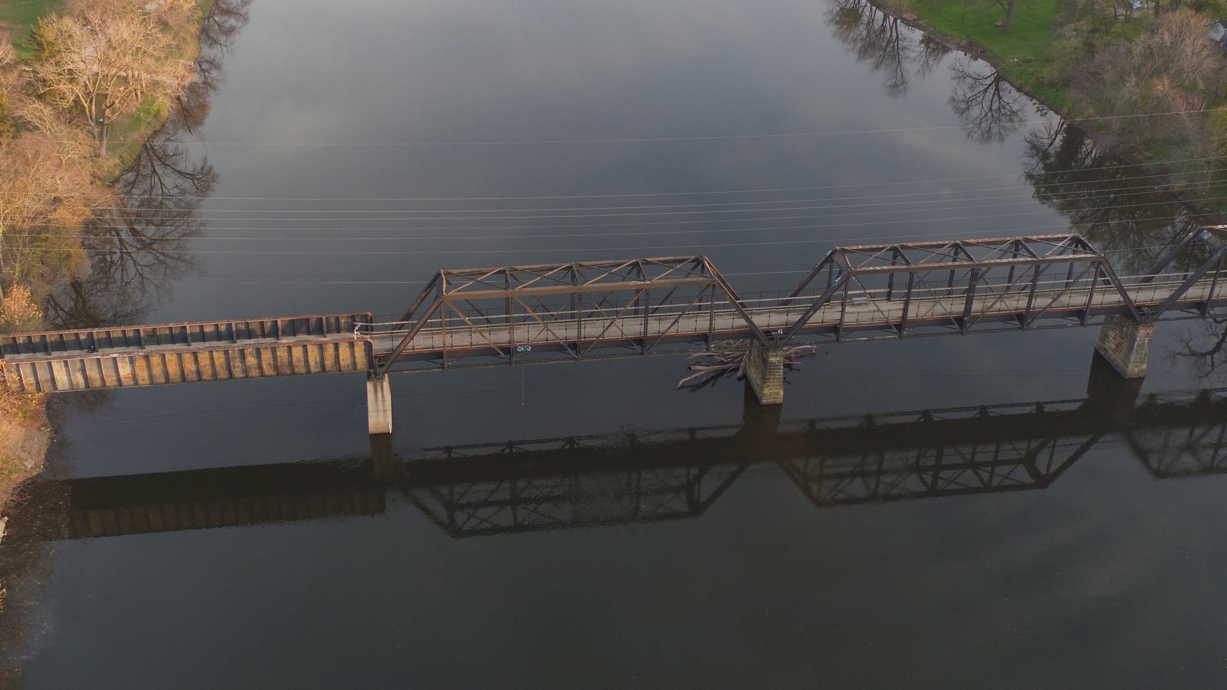 The aerial view of the bridge along the Wauponsee Glacial Trail.