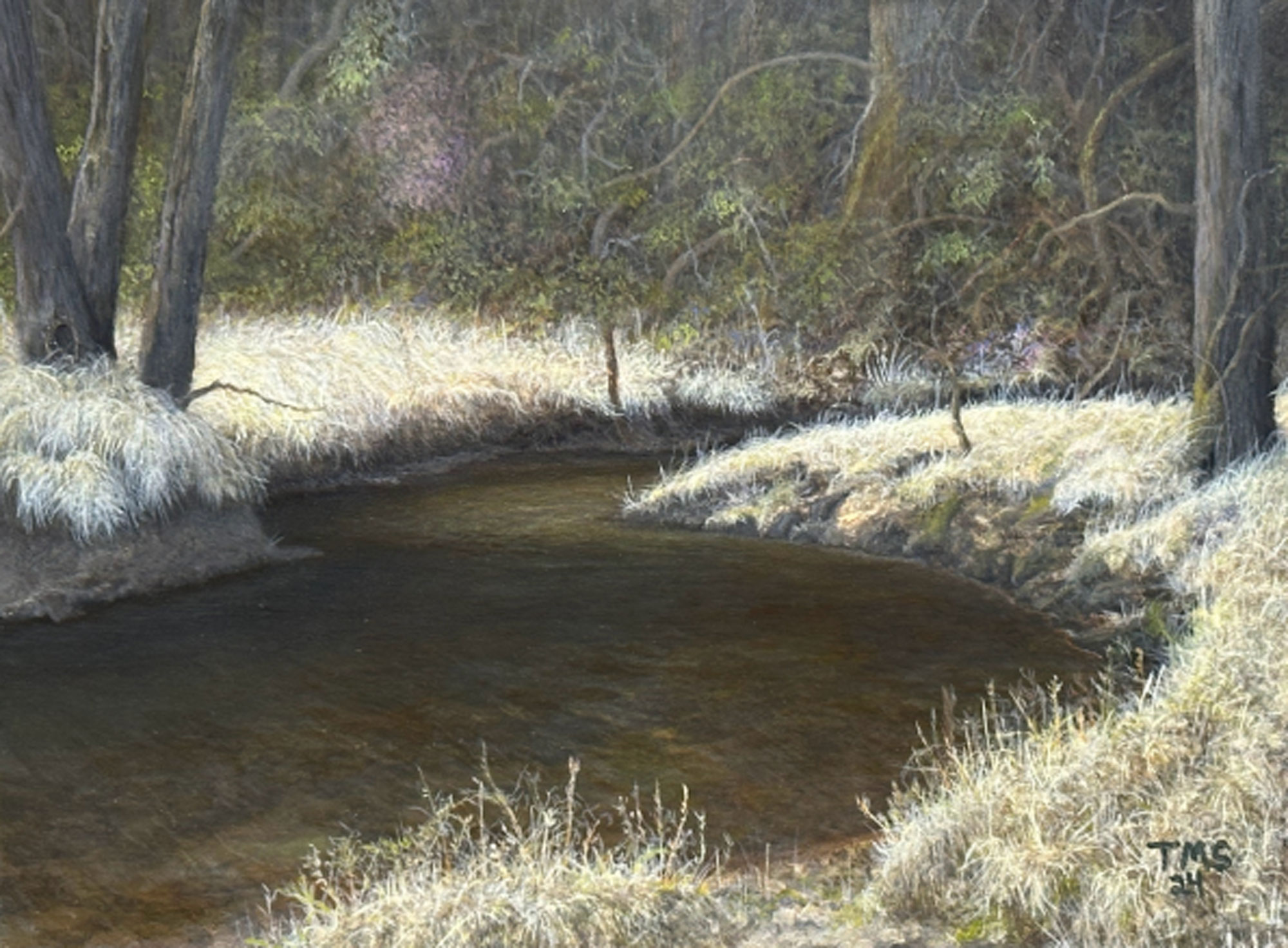 A painting of a river scene.