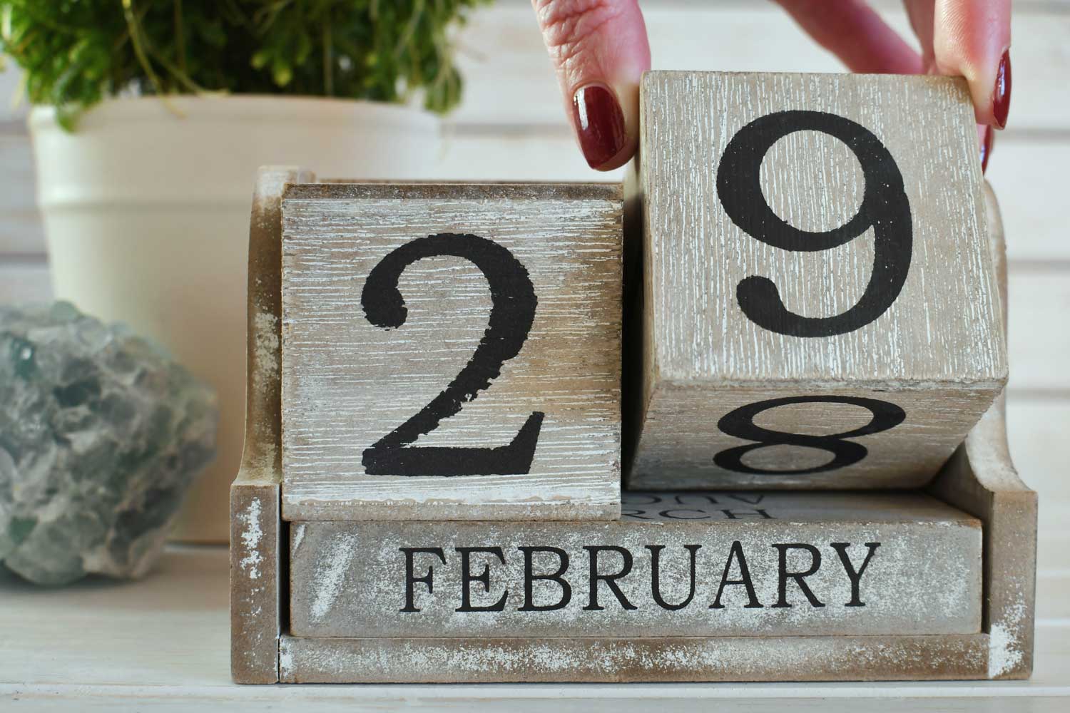 A block calendar showing the date changing to Feb. 29