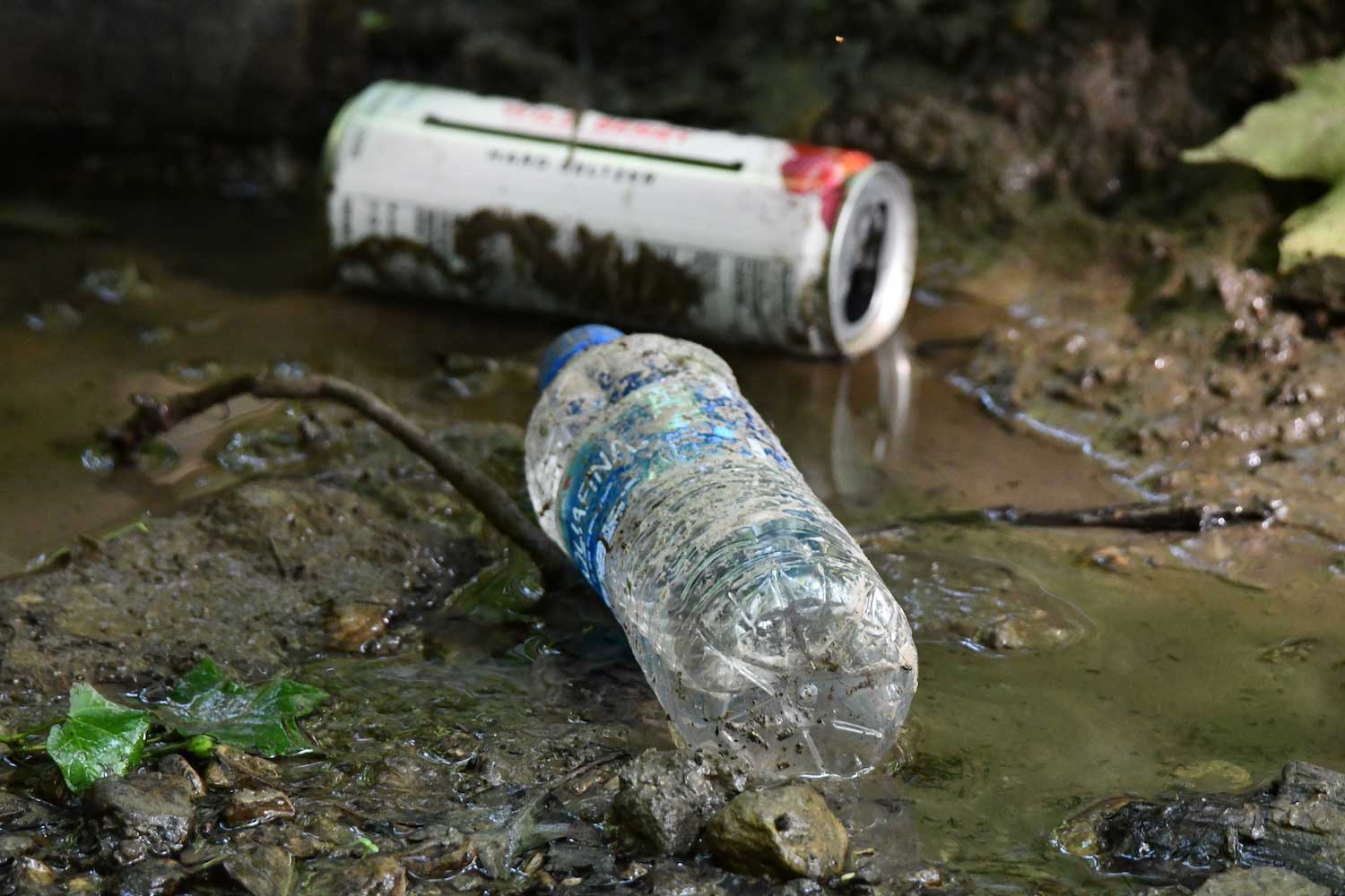 An aluminum can and a plastic bottle in shallow water.