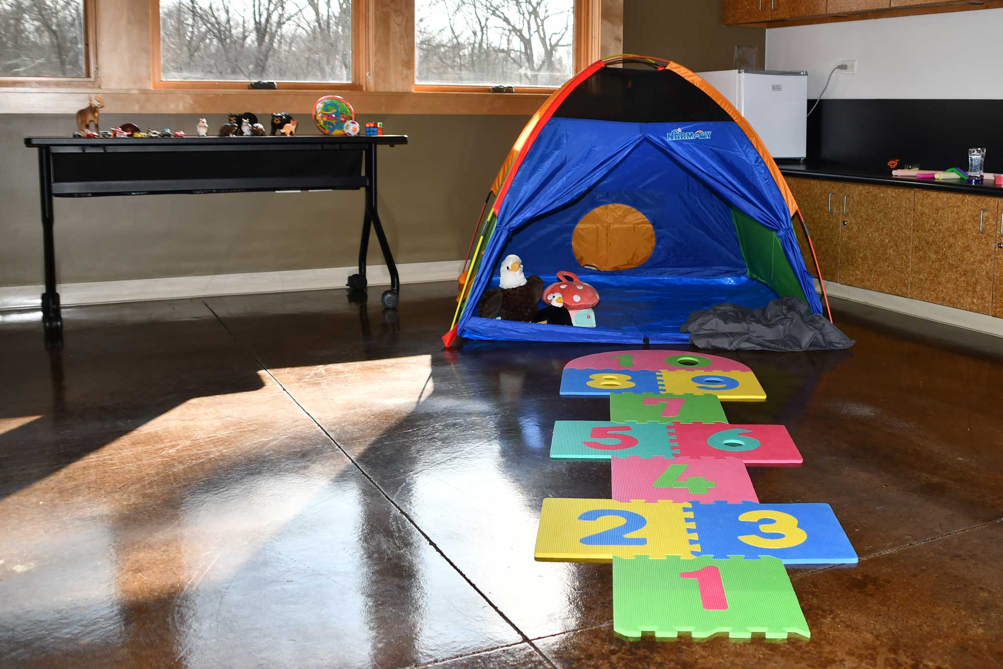 A quiet space set up inside a room with a small tent and toys.