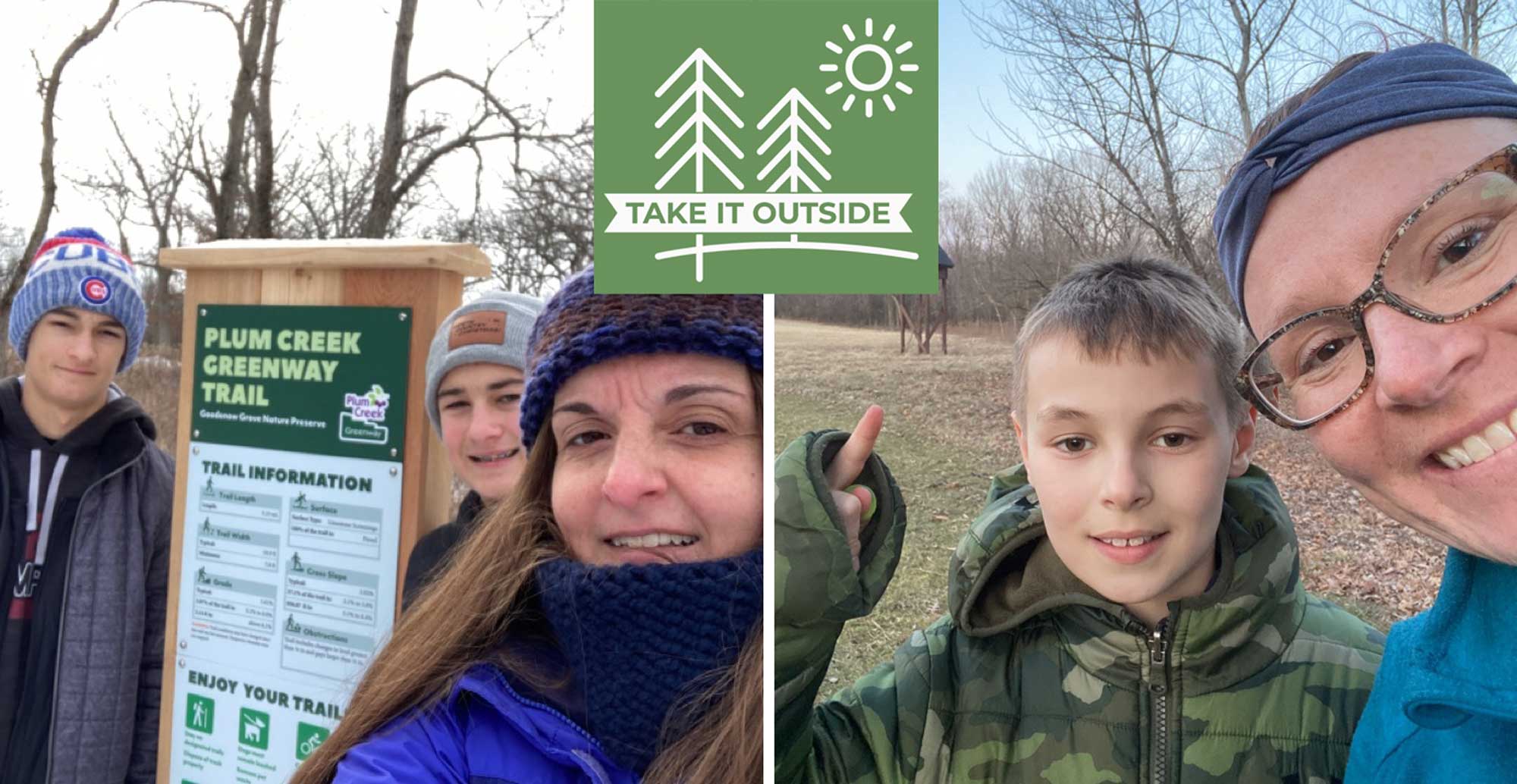 The Bartling family (left) and Black family are enjoying exploring the preserves as part of the Take It Outside Challenge.