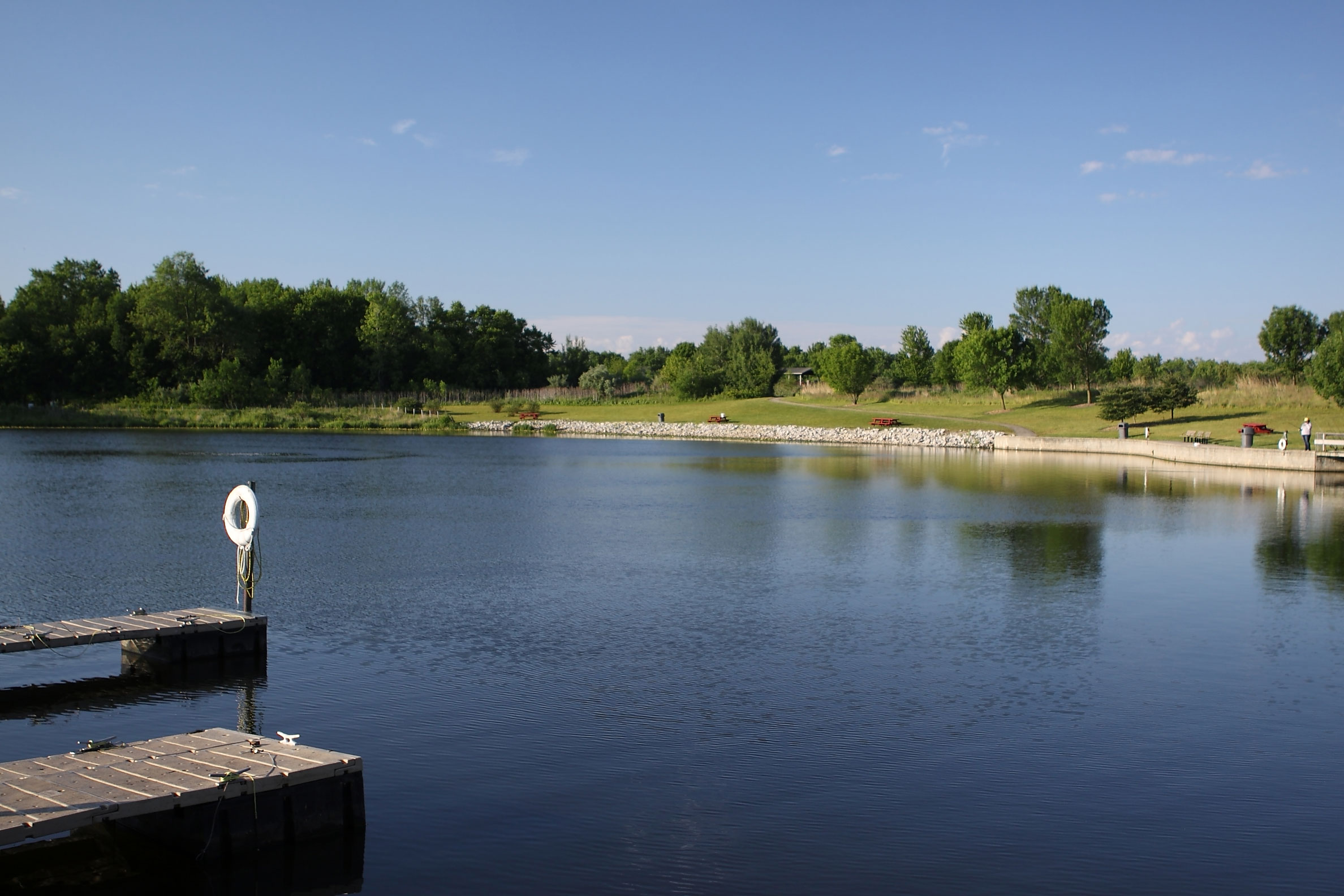 A view of the dock and lake at Monee Reservoir.