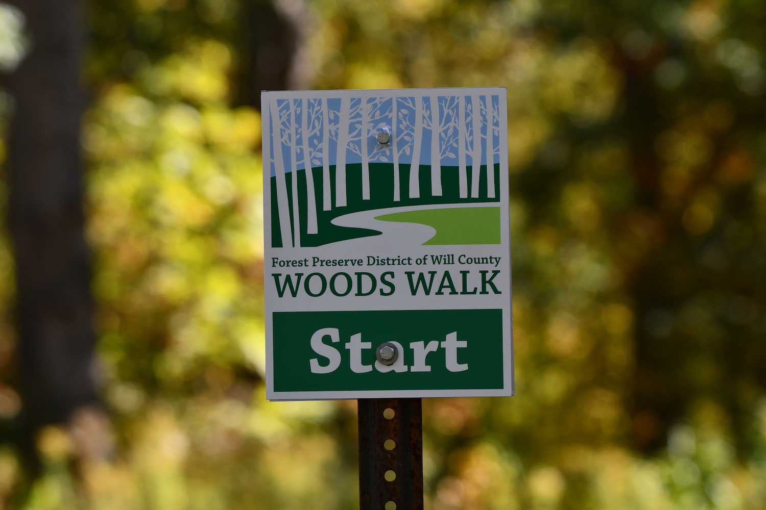 A Woods Walk sign in front of trees.